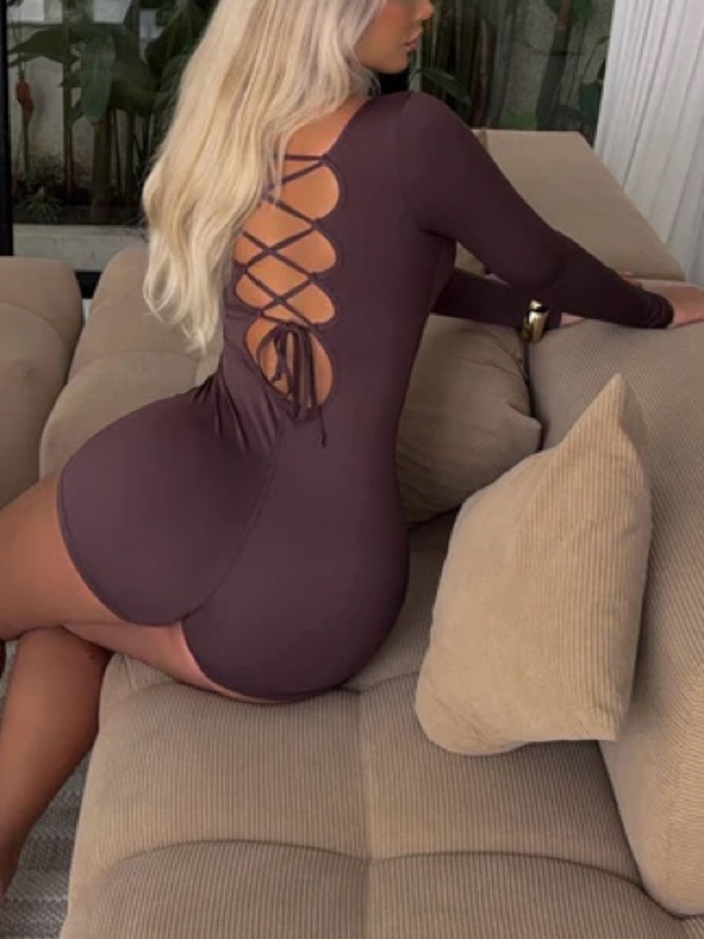 NEW Lace-Up Back Long Sleeve Romper- Brown